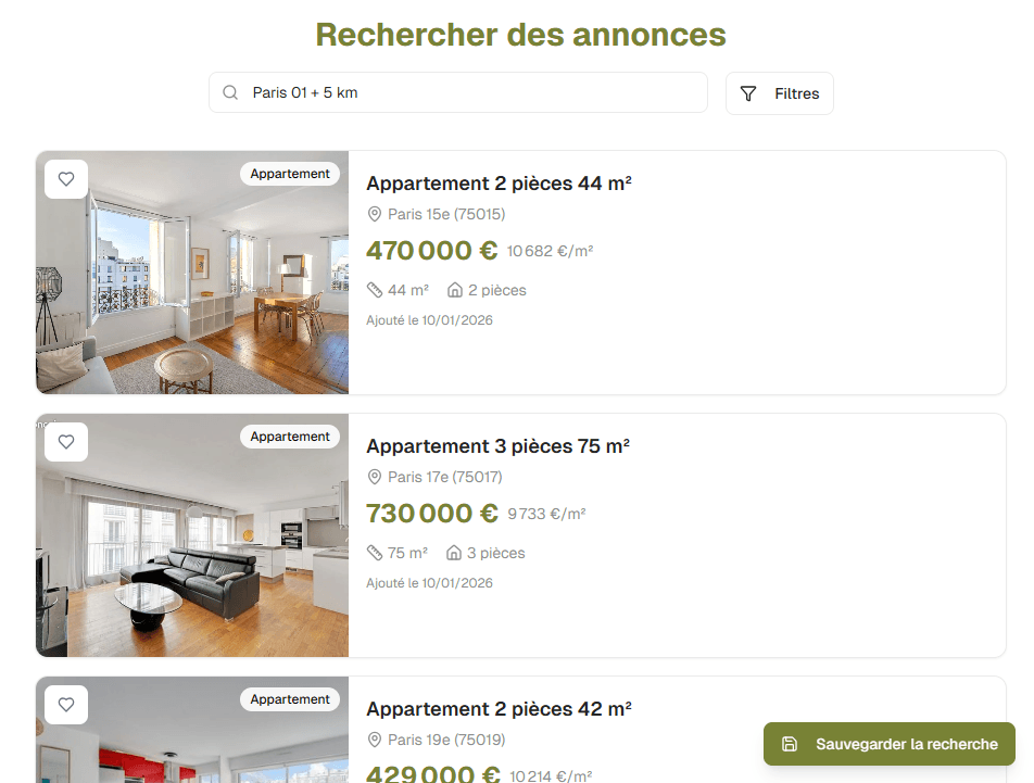 Interface de recherche d'annonces Solho