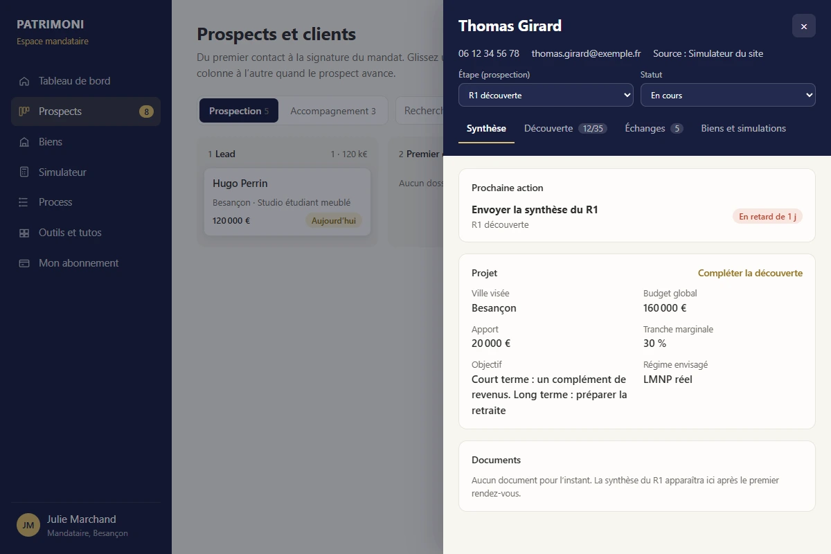 Interface de suivi des prospects