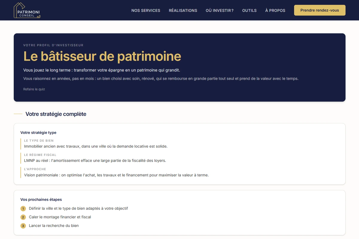Résultat du quiz investisseur avec profil et stratégie